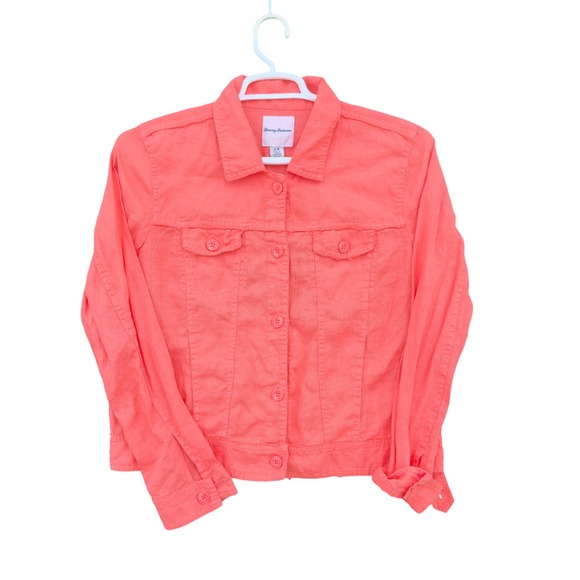 Tommy Bahama Women Coral Pink 100% Linen Button Up Trucker Jacket Size Large - Picture 2 of 10